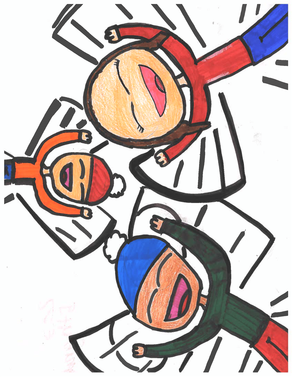 Drawing of two adults and a child making snow angels.